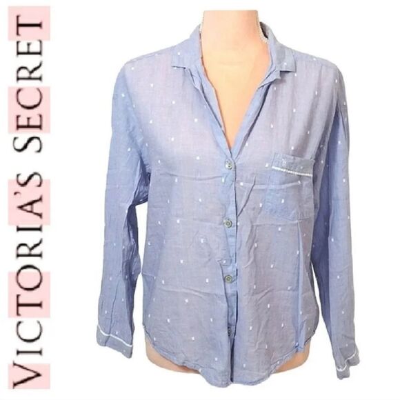 Victoria's Secret 2016 Blue Embroidered Button Up Night Shirt Medium - Picture 3 of 11